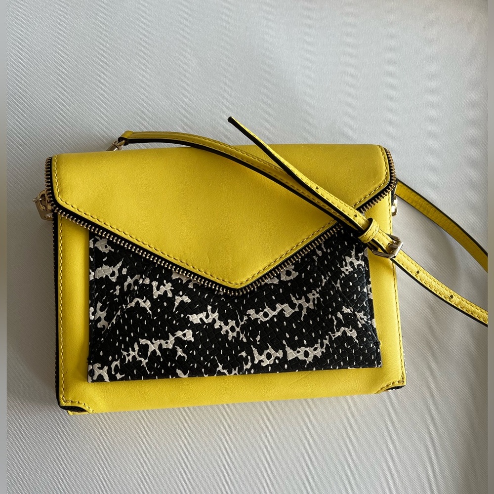 Rebecca Minkoff crossbody envelope purse in yellow with animal print detail